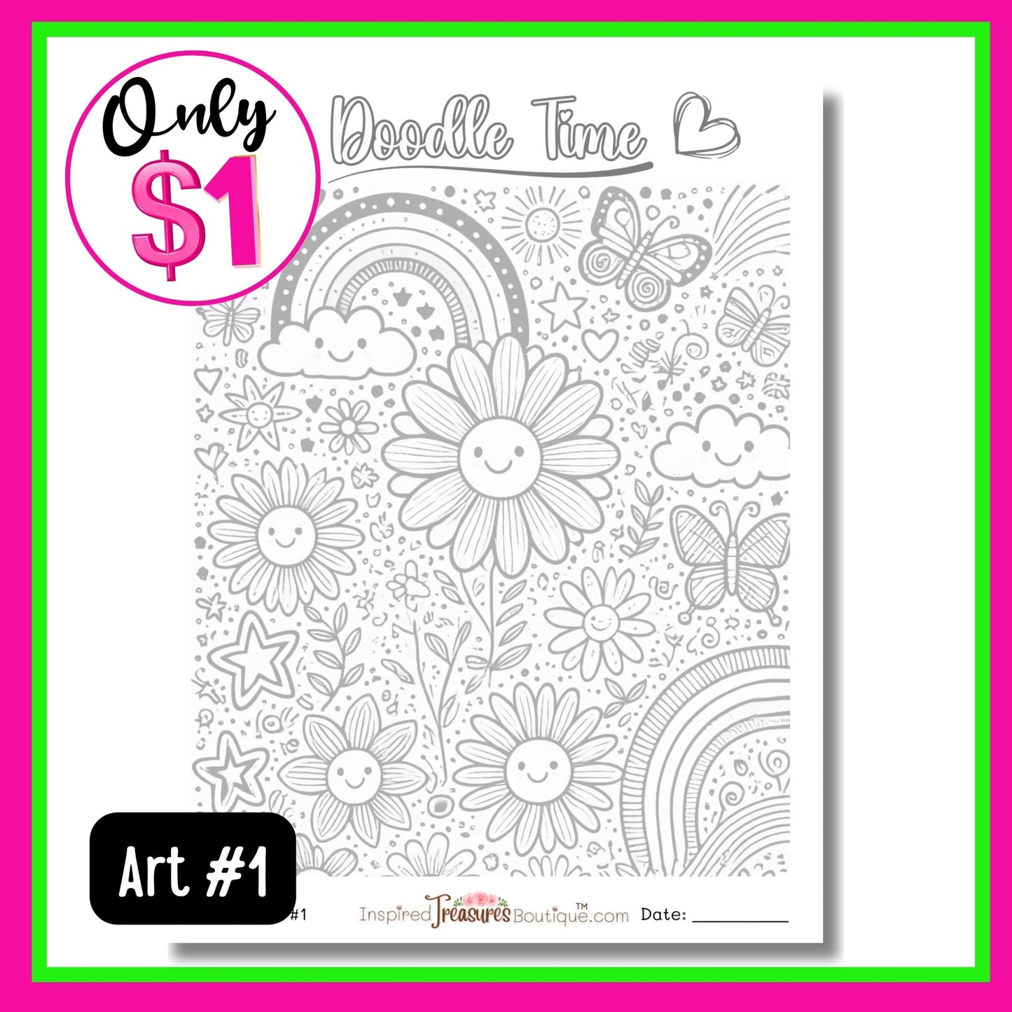 Doodle Time Printable Download - Hearts, Flowers, Rainbows, Butterflies, Stars - Doodle Art #1