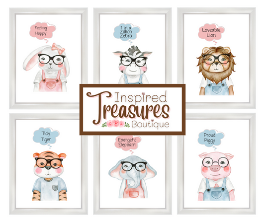 Baby Animals with Glasses Art Wall Prints SET OF 6 - Frame Not Included - FREE SHIPPING