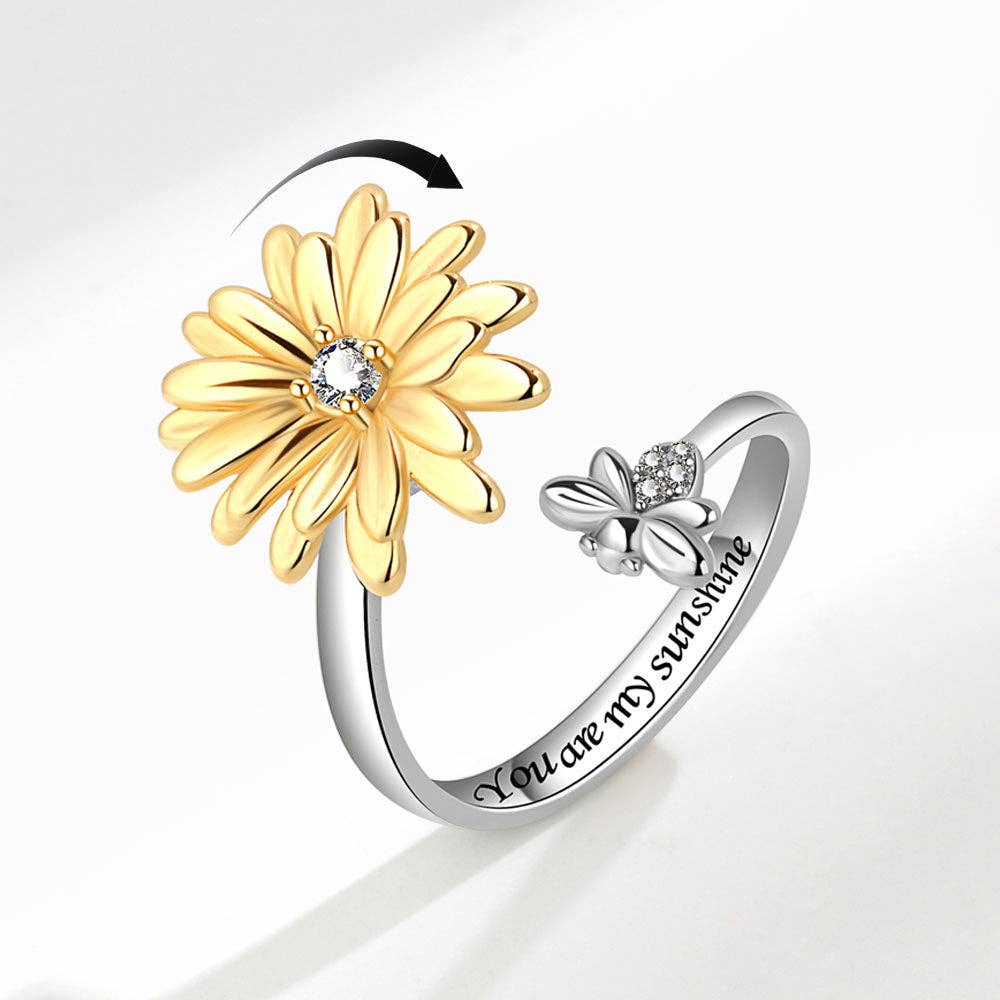 Daisy Flower Bee Anxiety Fidget Spinner Ring Color: Silver made of Copper