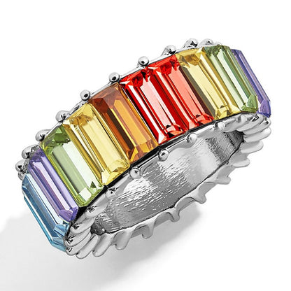 Bright Rainbow Colored Gem Stacked Band Ring with Silver Band