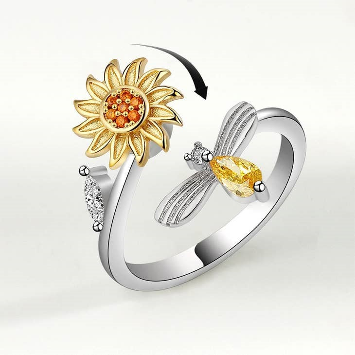 Sunflower Anxiety Fidget Spinner Ring in 925 Sterling Silver