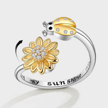 Sunflower Lady Bug Anxiety Fidget Spinner Ring in 925 Sterling Silver