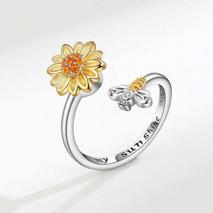 Sunflower Bee Anxiety Fidget Spinner Ring in 925 Sterling Silver