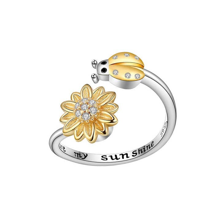 Sunflower Lady Bug Anxiety Fidget Spinner Ring in 925 Sterling Silver