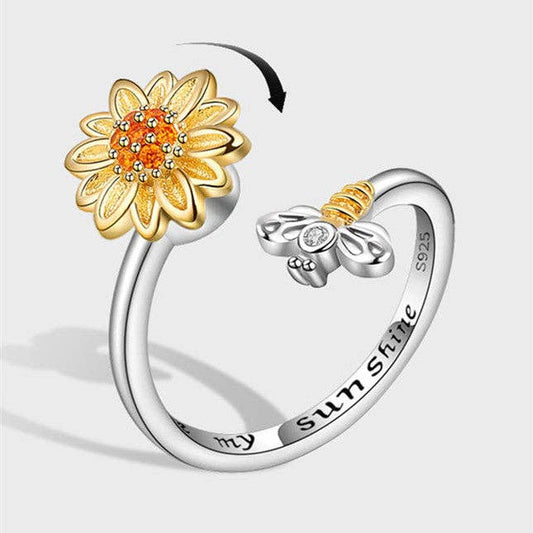 Sunflower Bee Anxiety Fidget Spinner Ring in 925 Sterling Silver