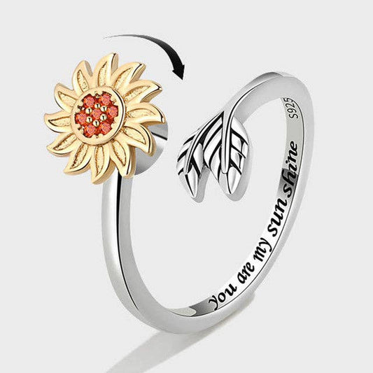 Sunflower Anxiety Fidget Spinner Ring in 925 Sterling Silver You Are My Sunshine Engraved