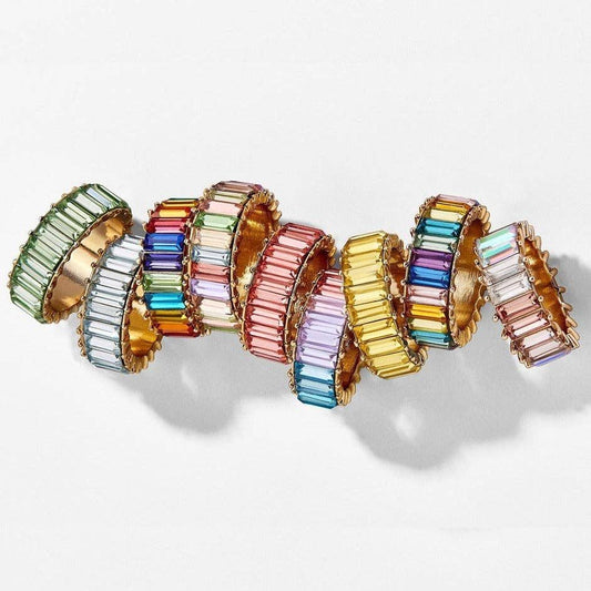 Bright Rainbow Colored Gem Stacked Band Ring with Silver Band